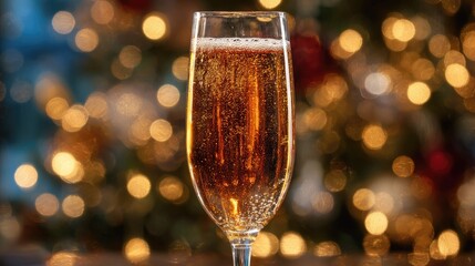 Champagne flute with bubbles against a blurred Christmas tree background