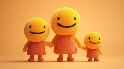 Happy family of three, cheerful yellow figures, holding hands