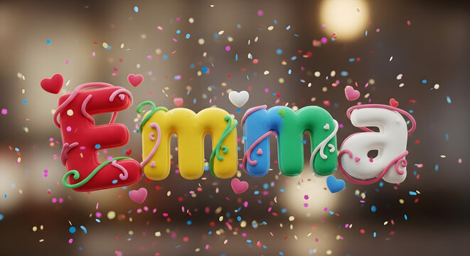 Colorful balloon letters spelling emma surrounded by hearts and confetti