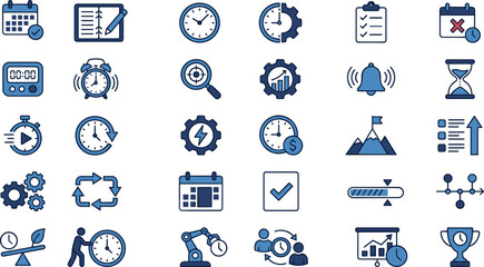 Time management icons, productivity tools vector, project planning symbols, workflow optimization graphics, goal achievement elements, blue tone design, scheduling visuals, task tracking illustration
