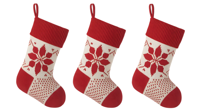 Three christmas stockings isolated on transparent background