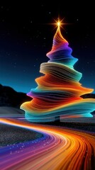 Naklejka premium Vivid rainbow layered christmas tree with star topper against night landscape and glowing road lines creating energetic holiday mood