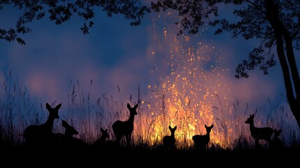 Silhouetted deer gather near a vibrant bonfire at dusk