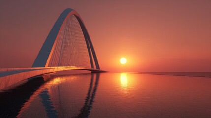 Futuristic arch bridge at sunset over calm water