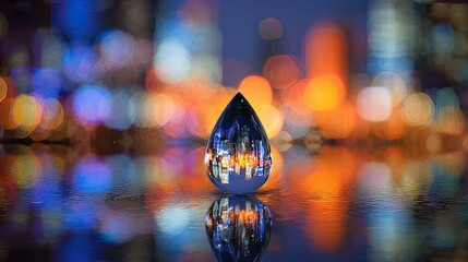City lights reflected in a teardrop-shaped crystal