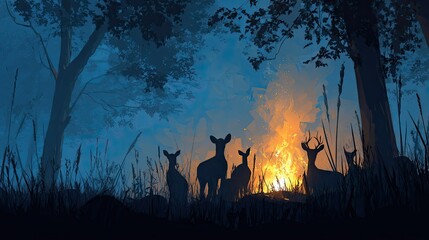 Silhouettes of deer around a campfire in a misty forest at night