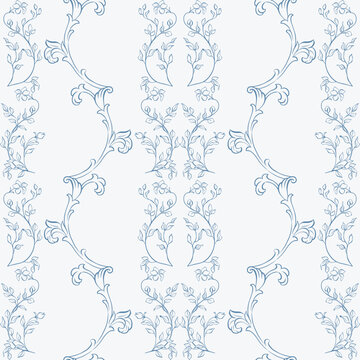 Vintage baroque seamless pattern. Victorian hand drawn pattern with hand drawn acanthus leaves and florals. Classic background for wedding invitation, wrapping, packaging, fabric, and wallpaper.