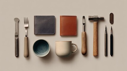 Leather goods & artisan tools arranged