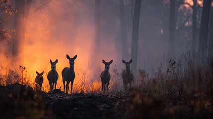 Silhouette deer in a forest fire