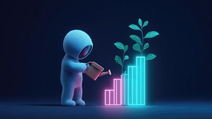 Cute astronaut watering plant growing on glowing chart