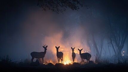 Silhouetted deer gather around a fire in a misty forest at night