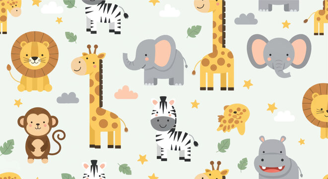 Delightful seamless pattern featuring an array of cute cartoon safari and jungle animals, perfect for charming children's designs, nursery decor, baby clothing, and playful textile prints