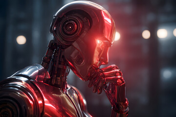 Intricate robotic figure deep in thought, illuminated by soft red light in a modern environment