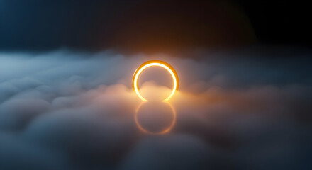 Luminous ring glows amidst ethereal fog creating an otherworldly atmosphere