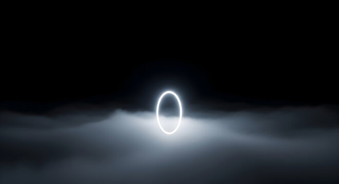 Ethereal glow: Minimalist composition of a luminous ring against dark fog