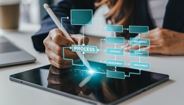 A business professional hand with stylus interacting with workflow diagram on digital tablet showing process strategy development deployment in modern technology interface