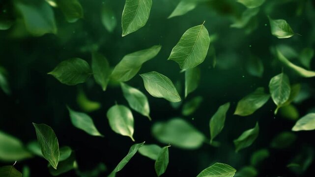 Abstract background of vibrant green leaves gently falling or floating in a dark, moody, and atmospheric environment with soft focus 4k video