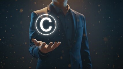 Businessman holding glowing abstract copyright emblem in dark light for digital copyright, patent protection