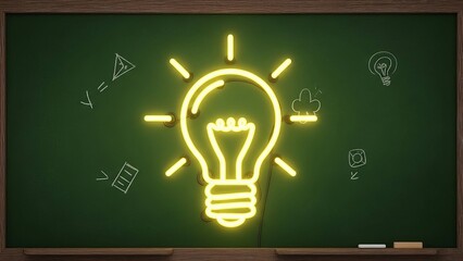 Neon light bulb glowing brightly on a dark green chalkboard background