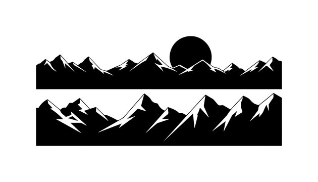 Dynamic mountain range silhouette landscape with rising sun, perfect for adventure travel logos, badges, outdoorsy apparel designs and nature themed branding projects