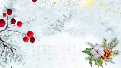 Frosted pine branches with red berries and winter floral arrangement