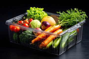 Fresh vegetables arranged in a clear plastic container on a dark background for healthy eating