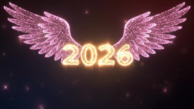 Angelic Glitter Wings Opening Around Glowing 2026 Text
