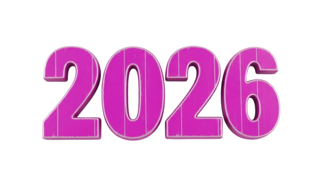 Isolated three-dimensional rendering of the year 2026 in pink with wood-grain texture