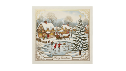 Isolated Christmas holiday greeting card featuring a snowy village and ice skaters nostalgic