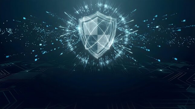 Glowing blue cyber shield icon protecting data in digital space with copy space at bottom - Powered by Adobe