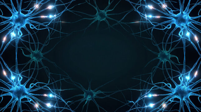 Abstract blue neuron network firing electrical impulses on dark background for medical concept