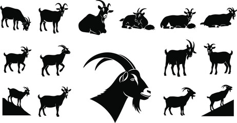 Collection of goat silhouettes in various poses on a white background