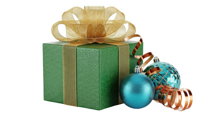 Isolated festive gift box with ornamental bow and blue baubles for winter holiday season