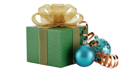 Isolated festive gift box with ornamental bow and blue baubles for winter holiday season