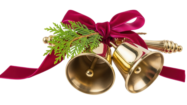 Isolated decorative golden Christmas bells with red ribbon bow and green fir, season decoration