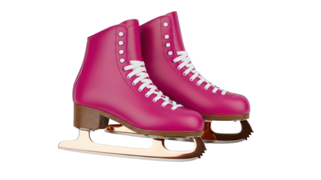 Isolated Ice Skates with Bright Pink Boots and Gold Blades for Winter Sport Hobby Fun