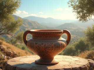 Ancient Greek Vase in Scenic Landscape
