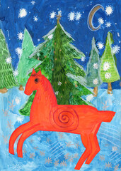 Red horse, New Year's symbol, and Christmas tree in a winter forest on a starry night. Hand drawn Watercolor and Gouache painting