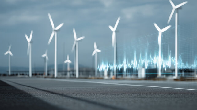 Vision of nature technology wind turbines, delicate balance between innovation, environment. AI system, holographic projections, humanity&rsquo;s pursuit of efficiency, sustainability progress. Abstract