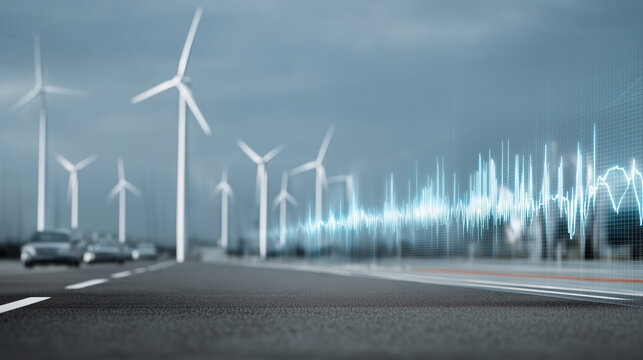 Vision of nature technology wind turbines, delicate balance between innovation, environment. AI system, holographic projections, humanity&rsquo;s pursuit of efficiency, sustainability progress. Abstract