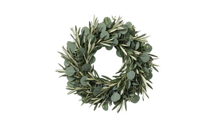 Isolated circular wreath of lush eucalyptus leaves and olive branches for rustic decor © Isolde
