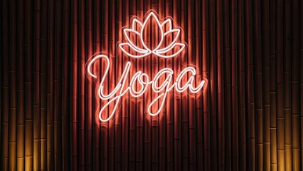 Neon sign displaying the word yoga above a lotus flower emblem