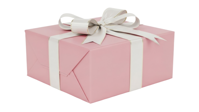 Isolated pink wrapped gift box with white satin ribbon bow, perfect for birthdays, holidays