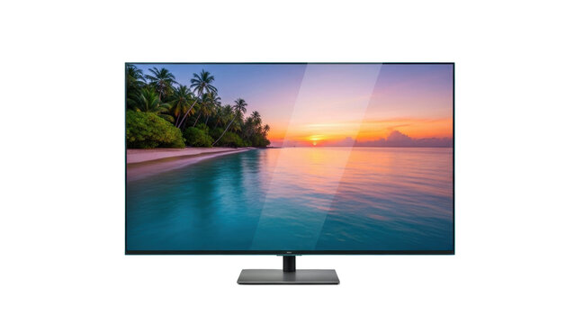 Isolated modern flat screen television set displaying a sunset beach landscape image