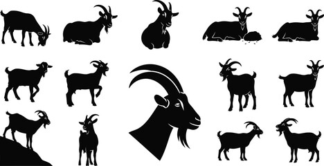 Goat silhouette collection diverse poses and horn styles for design projects