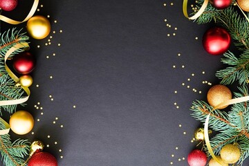 Festive christmas garland and ornaments on dark background