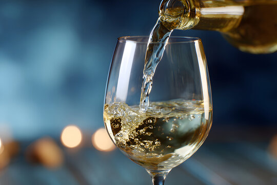 Pouring white wine into a glass during a cozy evening gathering with friends