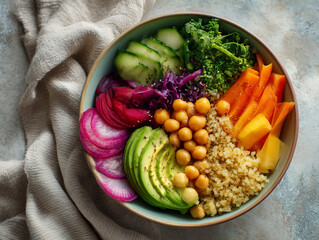 Horizontal editorial photo of a vibrant vegan Buddha bowl with quinoa, avocado, chickpeas, colorful vegetables; minimal table, soft morning light, clean styling