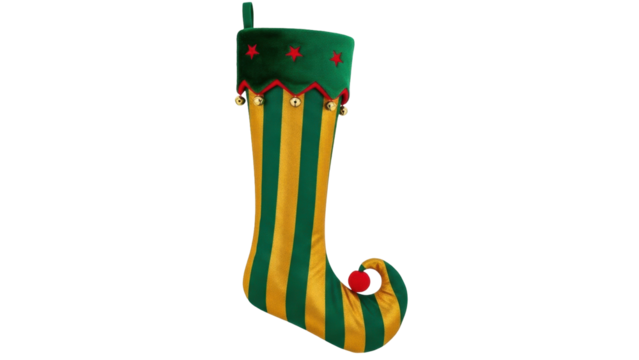 Isolated festive elf boot Christmas stocking with golden stripes and a curly red pompom toe