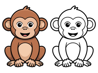 A cute cartoon monkey sits next to its outline for coloring, showcasing its simple and friendly appearance.
